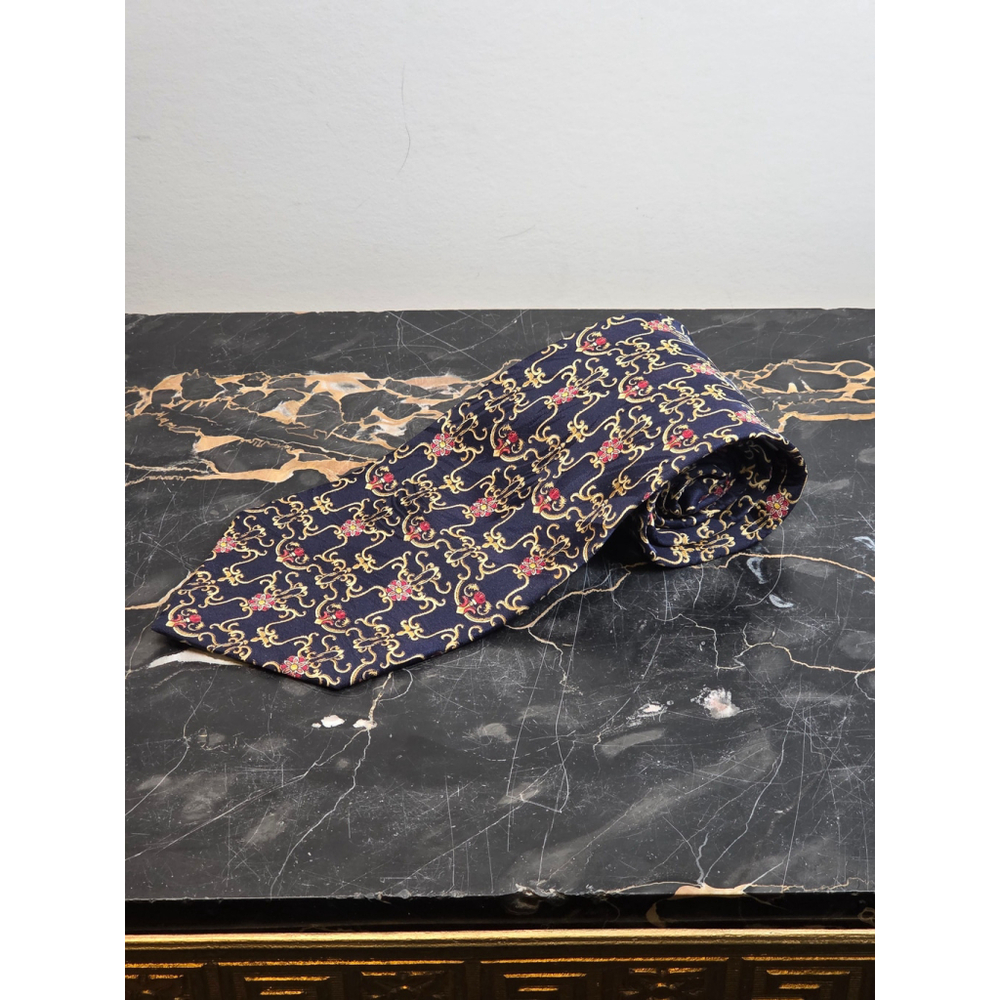 Valentino Bertini Paris 100% Silk Tie Navy Blue Gold Filigree Floral Pattern